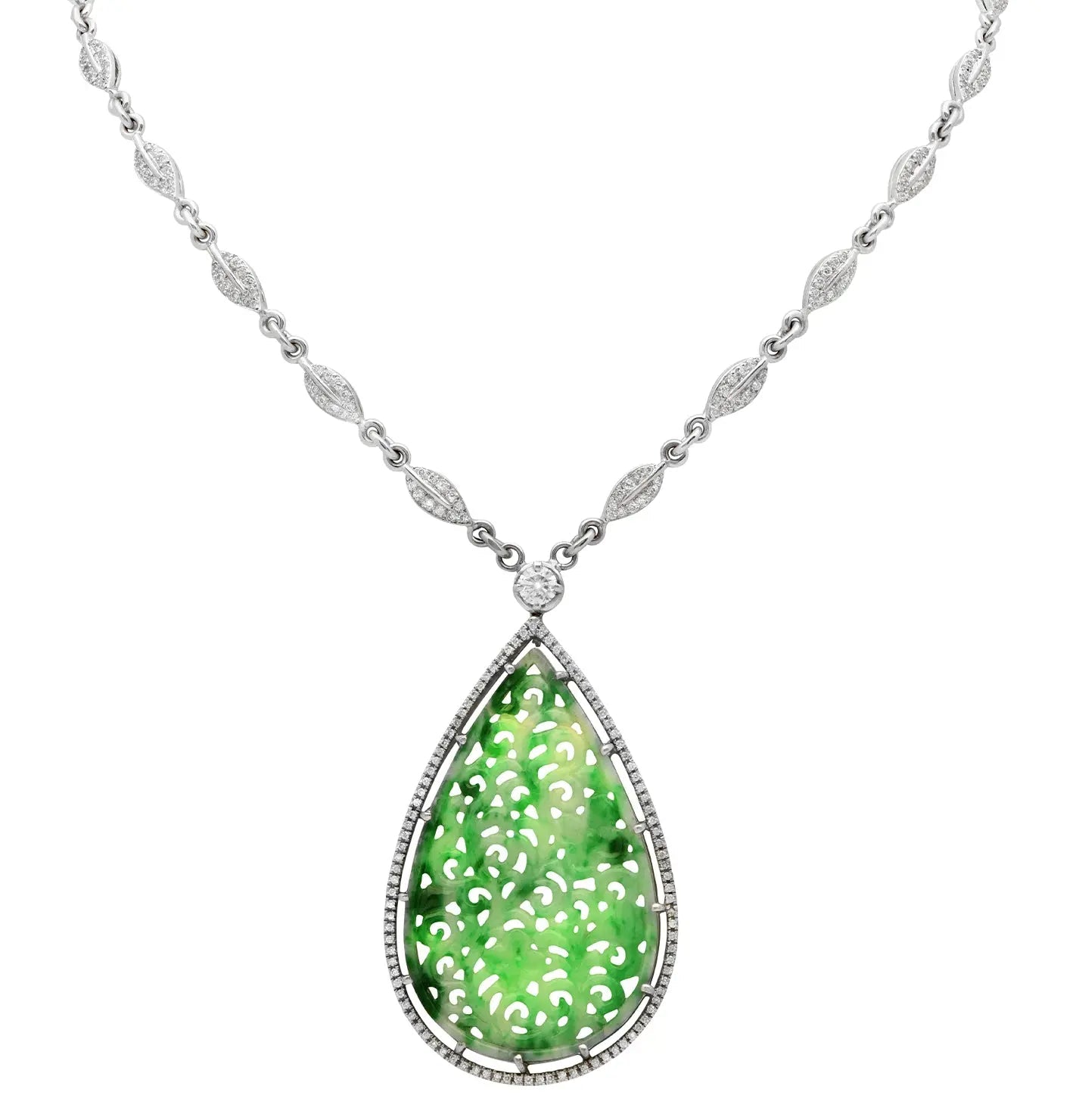 Exquisite Carved Green Jade & Diamond Necklace in 18K White Gold by Vivid Diamonds, featuring a stunning carved jadeite teardrop pendant surrounded by a halo of brilliant-cut diamonds on a delicate chain.