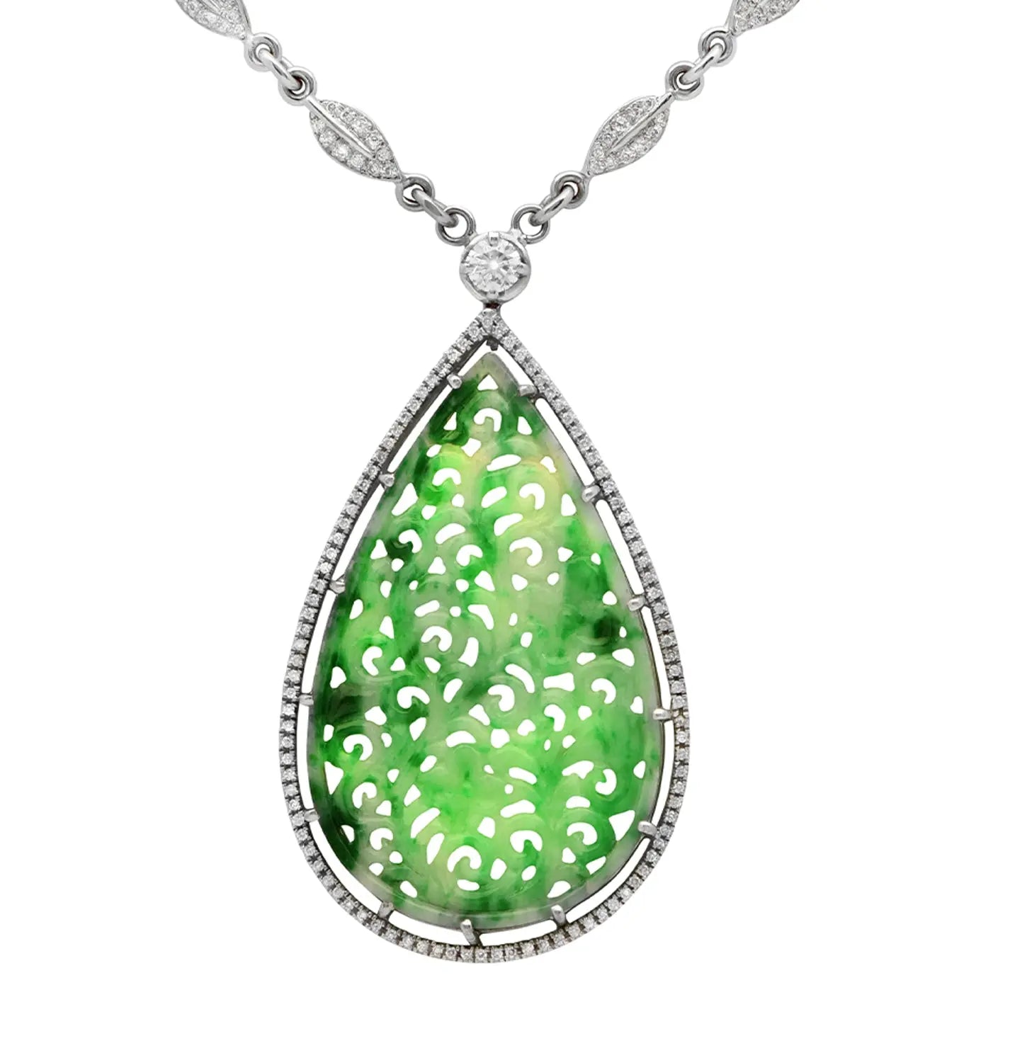 Luxurious Carved Green Jade & Diamond Necklace in 18K White Gold from Vivid Diamonds, showcasing an intricate teardrop jadeite centerpiece framed by sparkling diamond accents.
