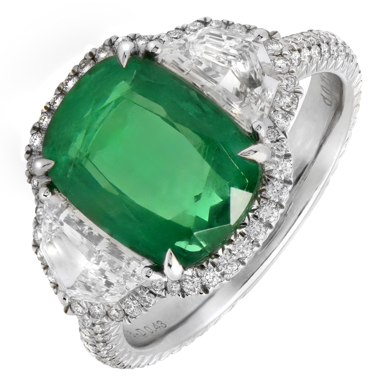 Exquisite 4Ct Cushion Cut Emerald & Diamond Halo Ring in Platinum from Vivid Diamonds, showcasing a stunning 4-carat emerald surrounded by brilliant diamonds, epitomizing royal elegance.