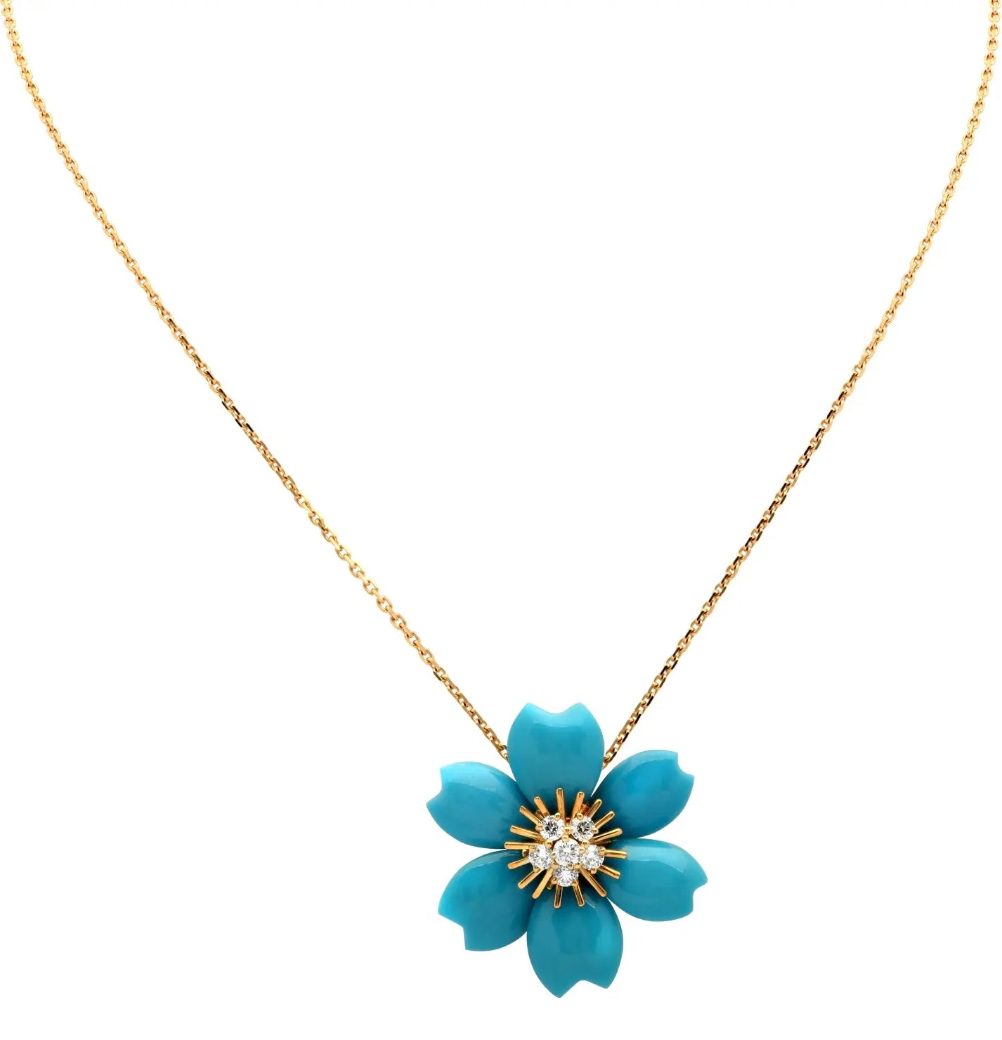 Close-up view of Van Cleef & Arpels Rose De Noël Turquoise Necklace featuring a stunning turquoise flower and sparkling diamonds, exquisitely crafted in 18k Yellow Gold, from Vivid Diamonds.