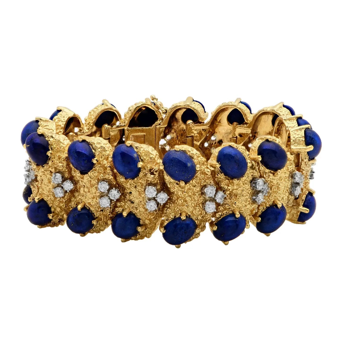 Exquisite 18K Gold Vintage Bracelet with 44 Brilliant Diamonds & Lapis Lazuli from Vivid Diamonds, showcasing a luxurious blend of royal blue lapis lazuli cabochons and sparkling round brilliant diamonds, perfect for mid-century elegance.