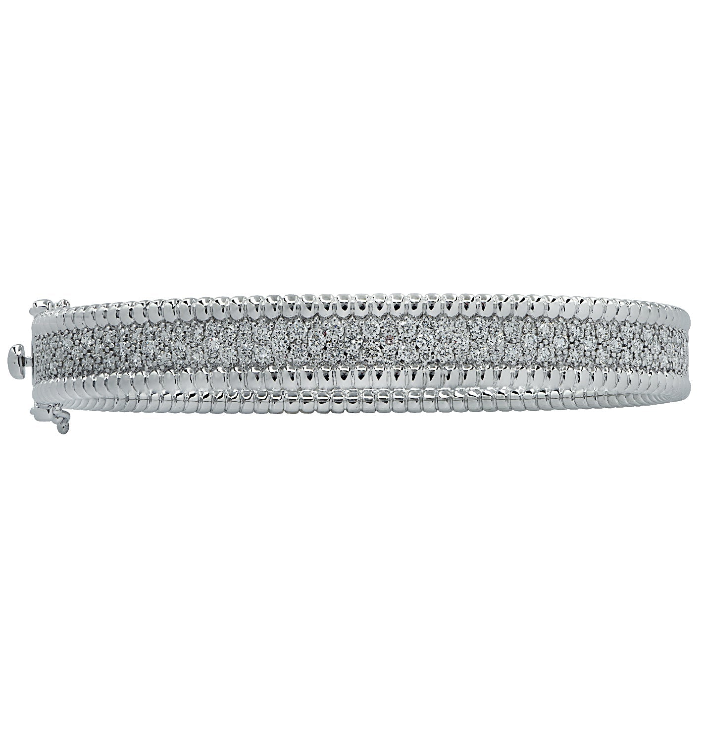 Luxurious Vivid Diamonds 2.88 Carat Diamond Bangle Bracelet featuring a three-row diamond arrangement in white gold, an exquisite addition to any jewelry ensemble.
