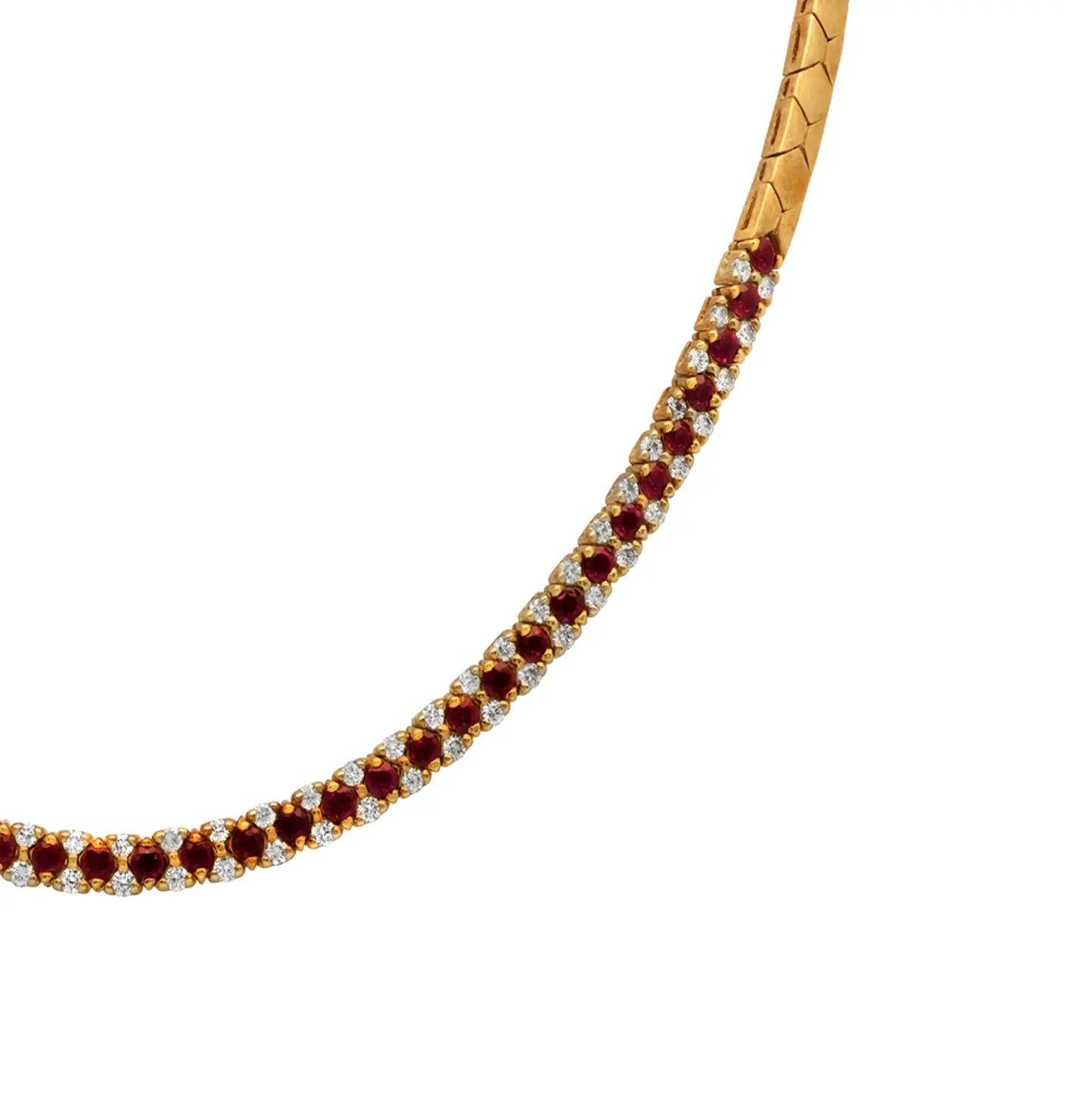Elegant 18K Yellow Gold Necklace with 4.50 Carats of Rubies and 1.80 Carats of Diamonds by Vivid Diamonds, emphasizing vibrant rubies and brilliant diamonds in a luxurious setting.