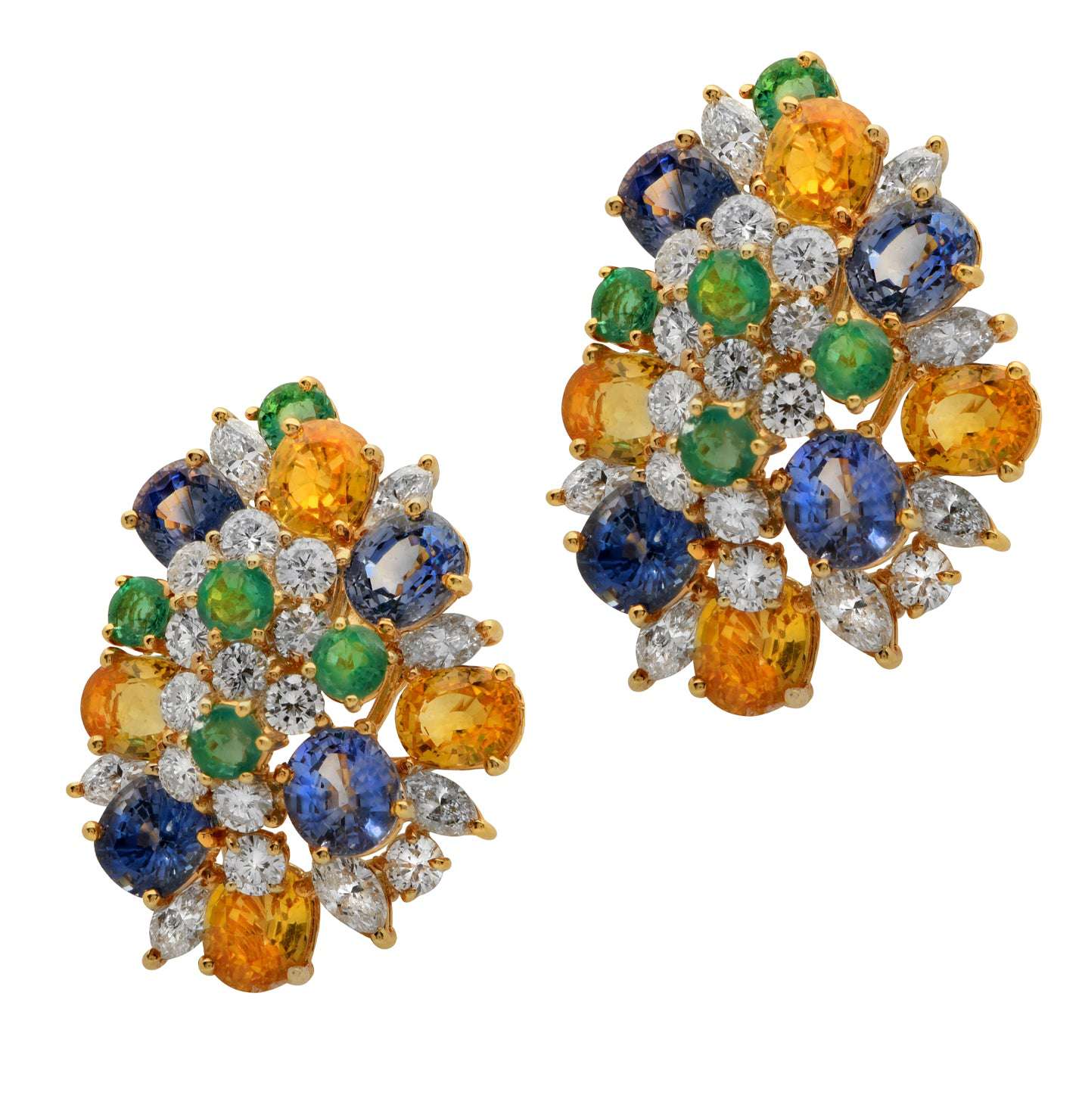 Close-up view of exquisite mixed gemstone earrings by Vivid Diamonds, featuring a luxurious combination of yellow sapphires, green gemstones, and diamonds, embodying timeless elegance.