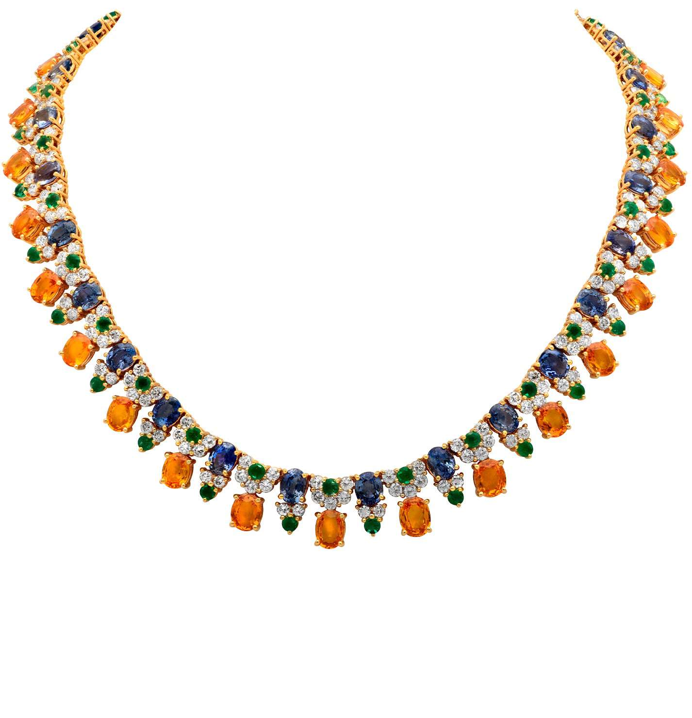 Dazzling necklace from the exquisite mixed stone earring and necklace set by Vivid Diamonds, adorned with vivid yellow sapphires, blue sapphires, and shimmering diamonds, perfect for elegant occasions.