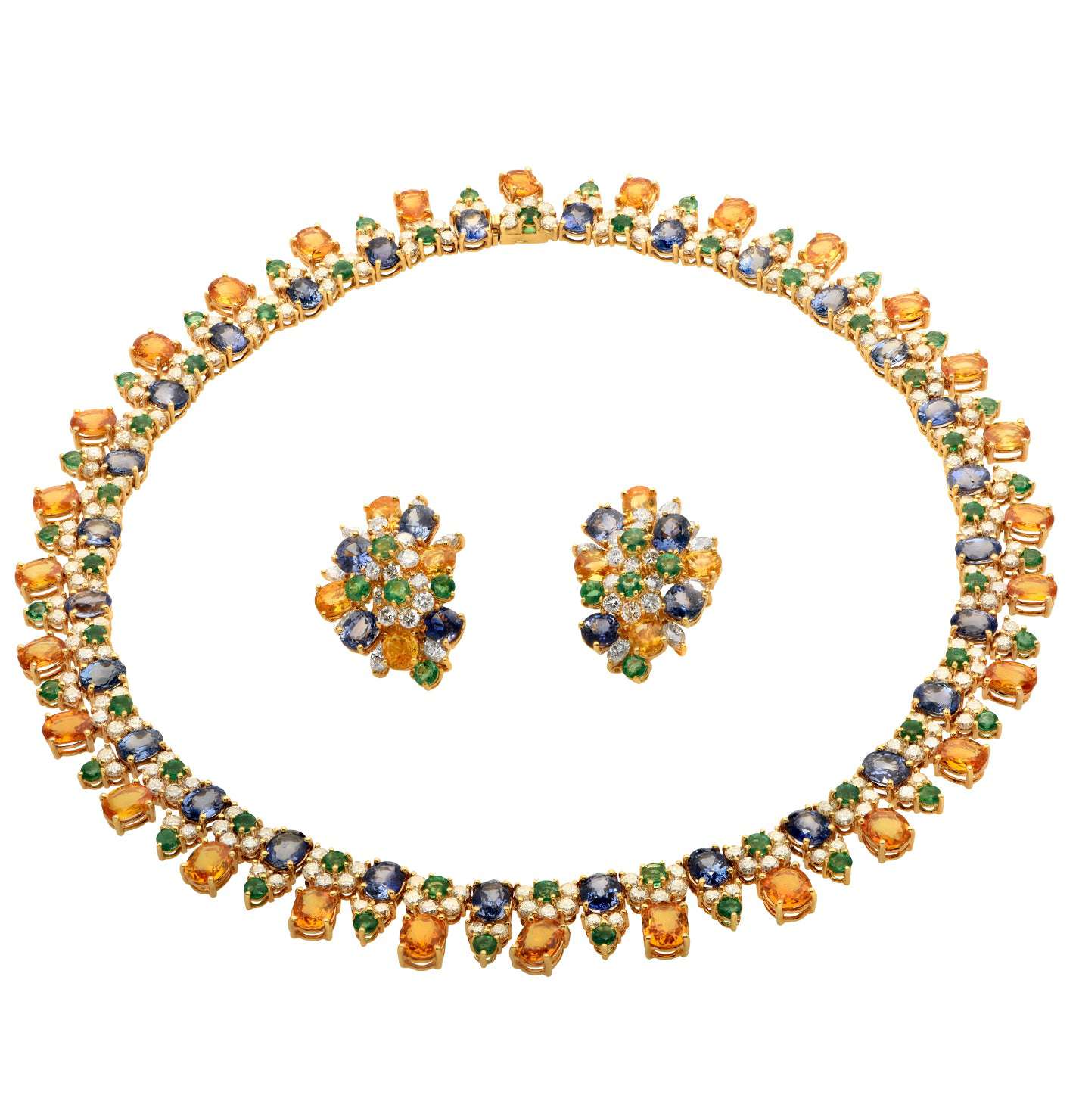Exquisite Mixed Stone Earring and Necklace Set by Vivid Diamonds, featuring a luxurious arrangement of diamonds, deep blue sapphires, and radiant yellow sapphires set in 18k yellow gold, perfect for elegant occasions.
