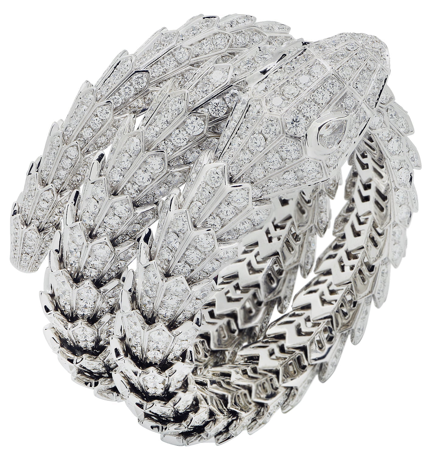 Bvlgari Serpenti Triple Wrap Full Pavé Diamond Bracelet in White Gold – V50030 Vivid Diamonds