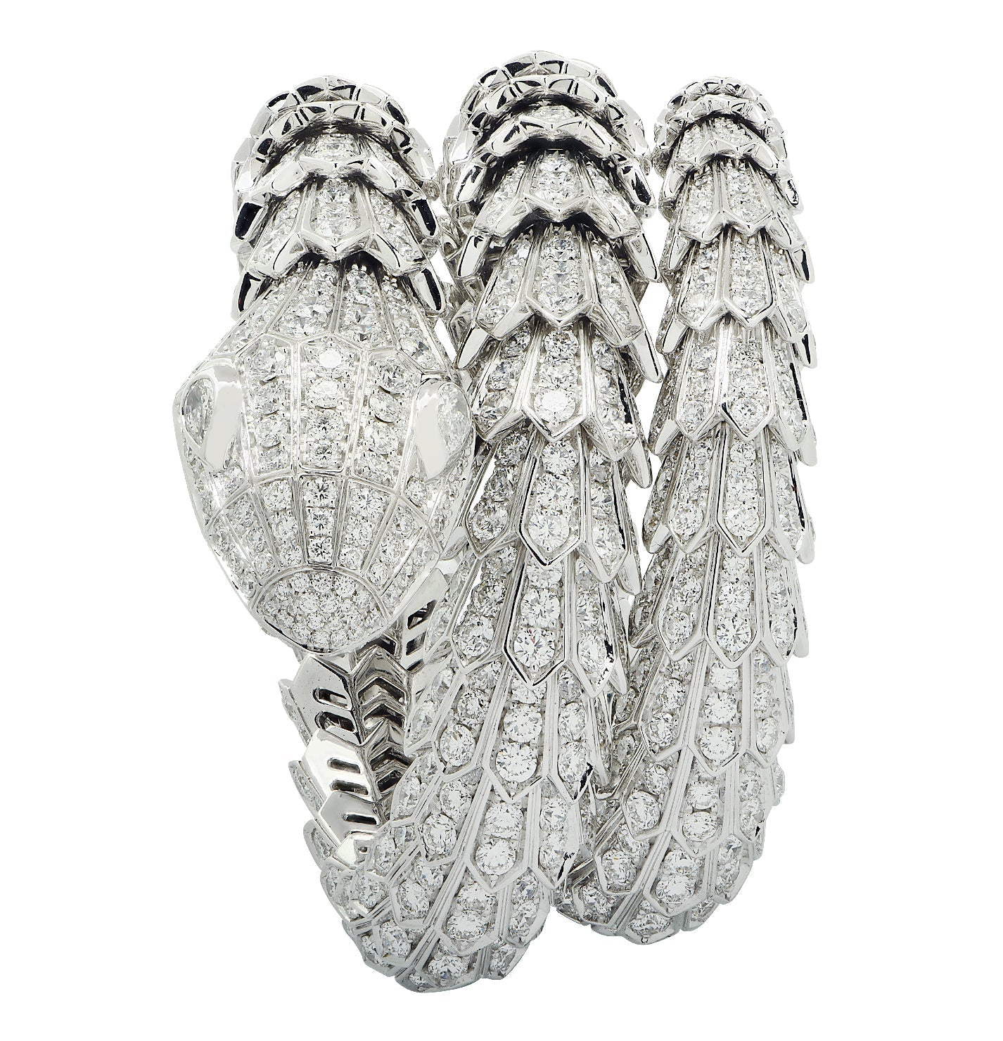 Bvlgari Serpenti Triple Wrap Full Pavé Diamond Bracelet in White Gold – V50030 Vivid Diamonds