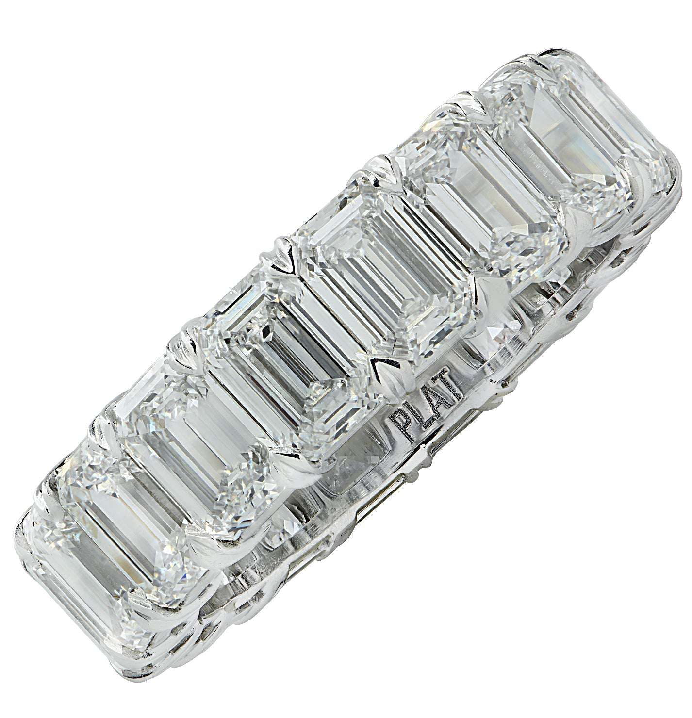 6.54 Carat Emerald Cut Diamond Eternity Band by Vivid Diamonds displayed in a close-up view, showcasing the exquisite emerald-cut diamonds set in luxurious platinum.