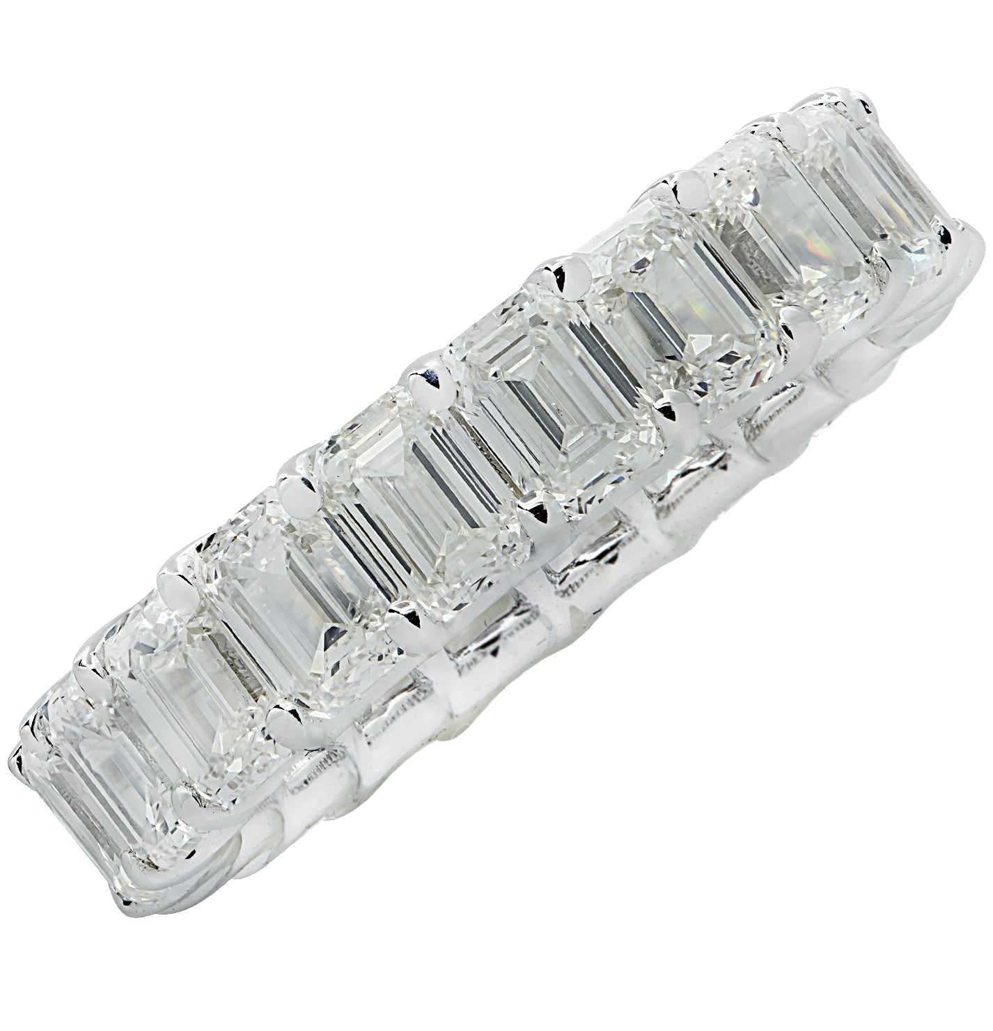 Vivid Diamonds 6.25 Carat GIA Certified Emerald Cut Diamond Eternity Band in 18K White Gold showcasing an exquisite arrangement of emerald cut diamonds, reflecting brilliance and luxury.