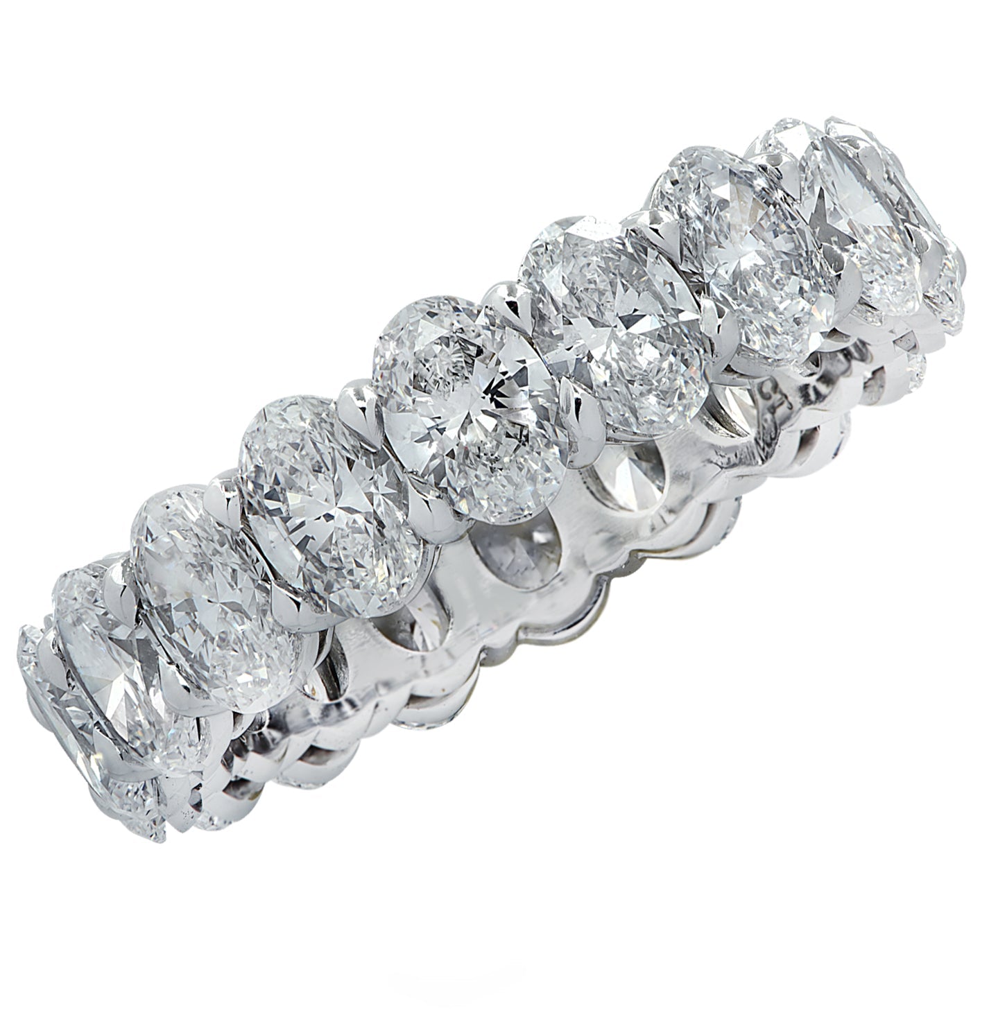 Vivid Diamonds 4.31 Carat Platinum Eternity Band featuring 18 oval cut diamonds, showcasing elegant sparkle and luxury craftsmanship, size 5.75.