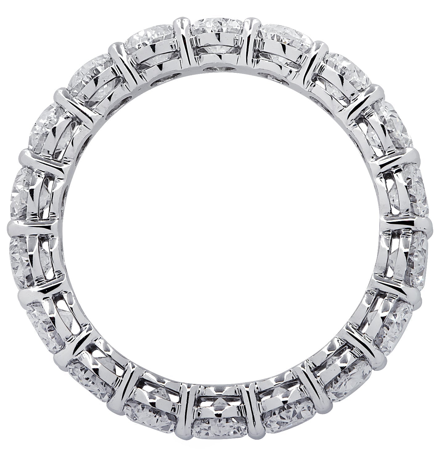 Elegant view of Vivid Diamonds 4.31 Carat Platinum Eternity Band with 18 oval cut diamonds, designed for timeless beauty, size 5.75.