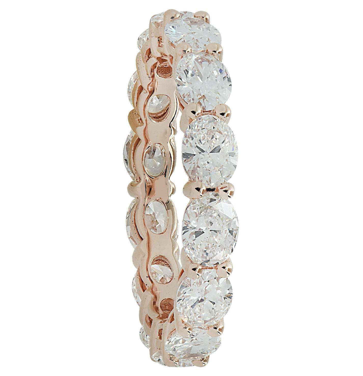 Vivid Diamonds 2.65 Carat East West Diamond Eternity Band showcased in 18K Rose Gold, featuring 14 oval cut D-E VVS diamonds, radiating brilliance and elegance.