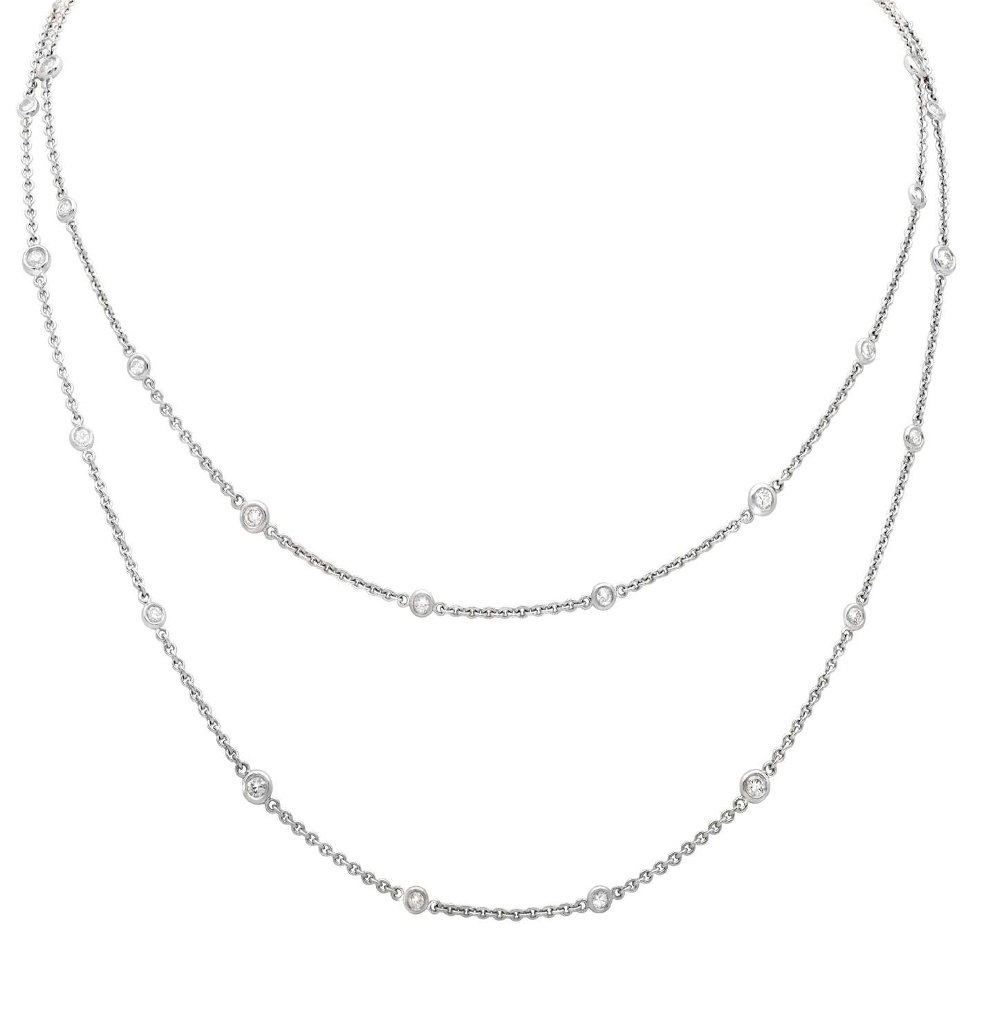 Close-up view of the Elegant 18K White Gold Diamond Necklace with 2.2ct Round Brilliant Diamonds by Vivid Diamonds, emphasizing the craftsmanship and sparkle of the round brilliant diamonds set in luxurious white gold.