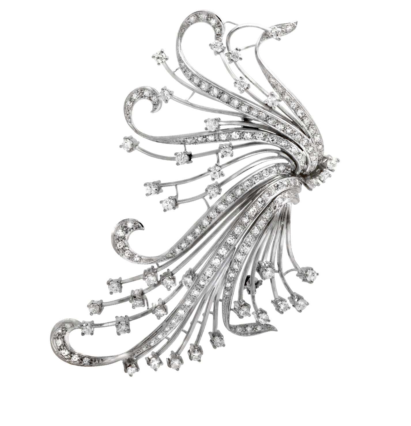Exquisite 2.50ct Diamond Brooch in 18k White Gold by Vivid Diamonds – Elegant brooch featuring a flowing pattern of diamonds resembling natural beauty and artistry.