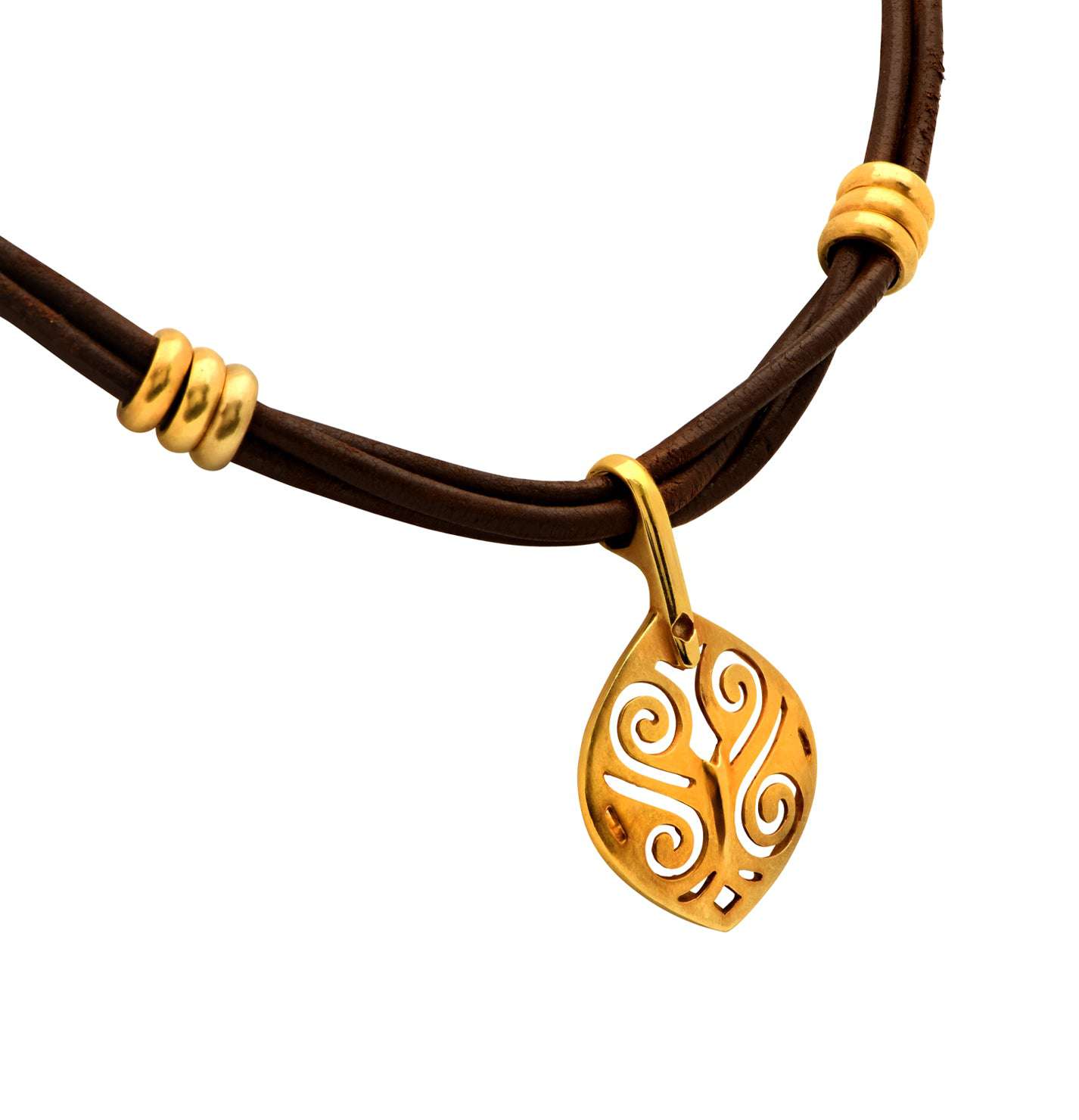Elegant 18k Yellow Gold Necklace by Vivid Diamonds featuring an intricate openwork pendant on a braided leather strap.