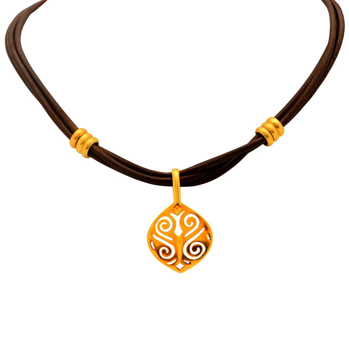 Close-up of the 18k Yellow Gold Necklace by Vivid Diamonds, highlighting the unique swirling pendant design on a rich leather strap.