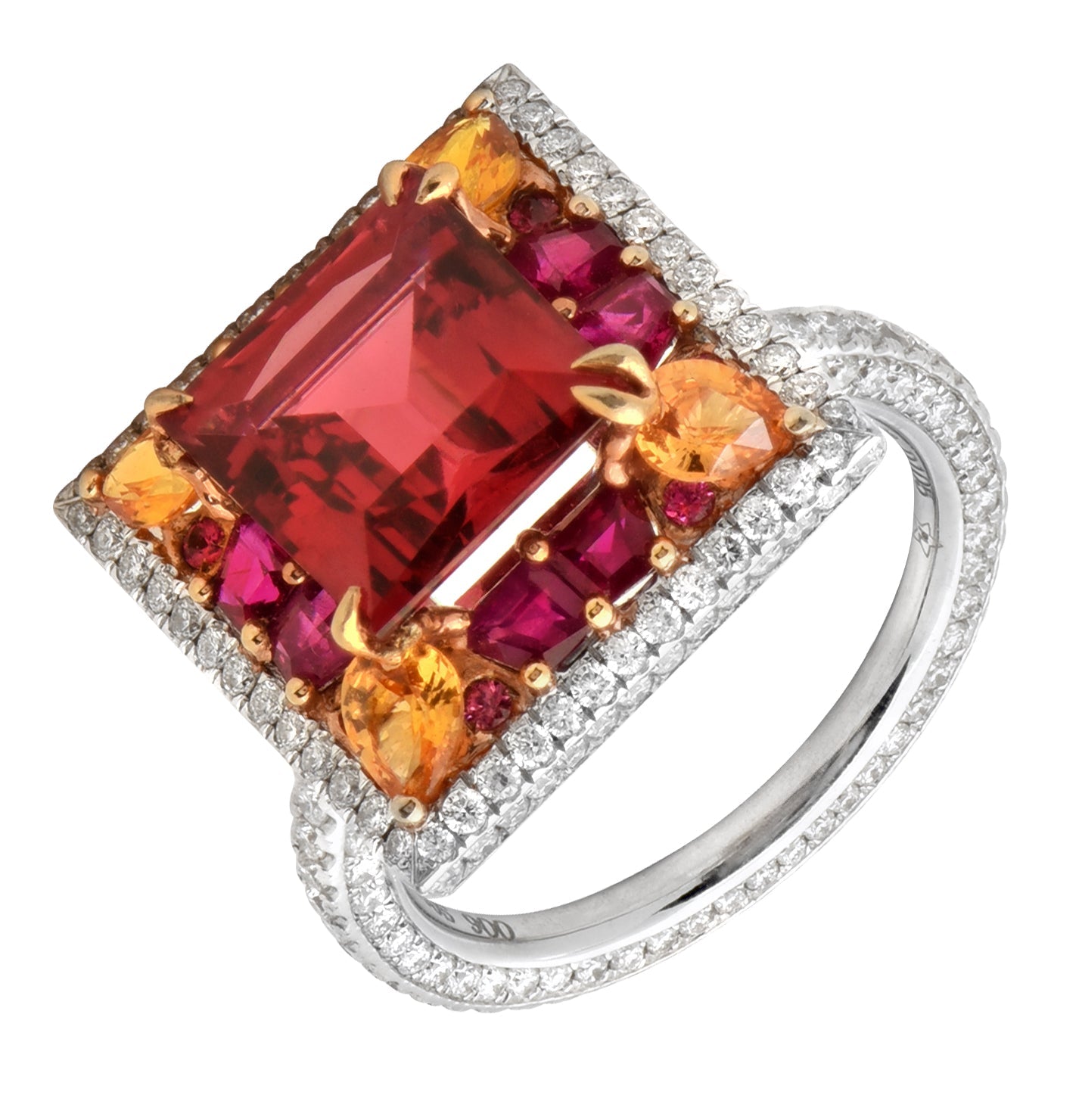Stunning 18k White Gold Ring featuring a 3.25ct Spinel, surrounded by vibrant gemstones and glimmering diamonds, available at Vivid Diamonds.