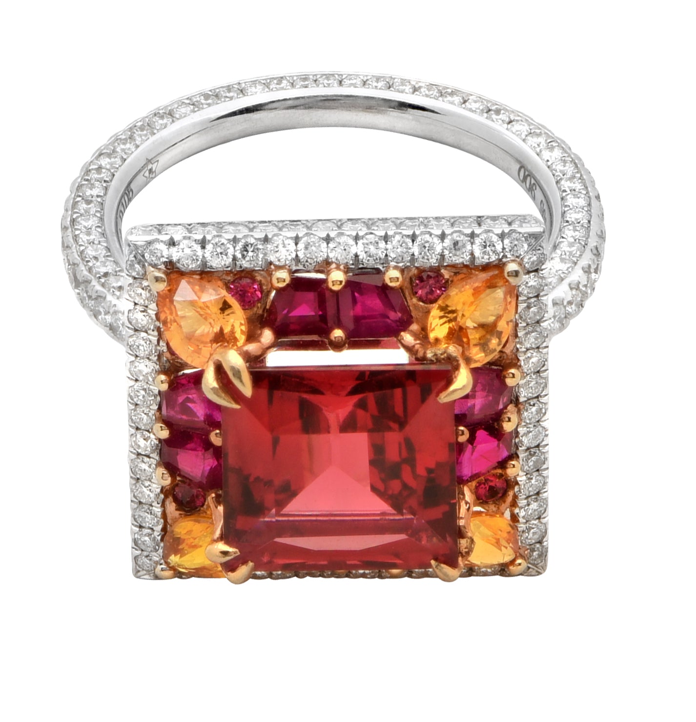 Exquisite 18k White Gold Ring showcasing a 3.25ct Spinel, adorned with colorful stones and diamond accents, exclusively from Vivid Diamonds.