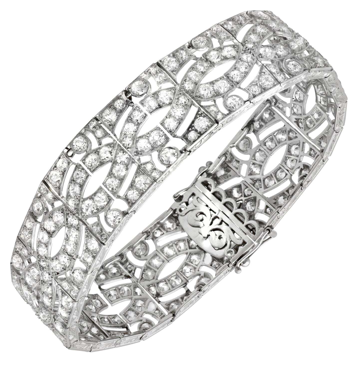 Elegant 11ct Platinum French-Style European Cut Diamond Bracelet by Vivid Diamonds, showcasing intricate design and sparkling diamonds.