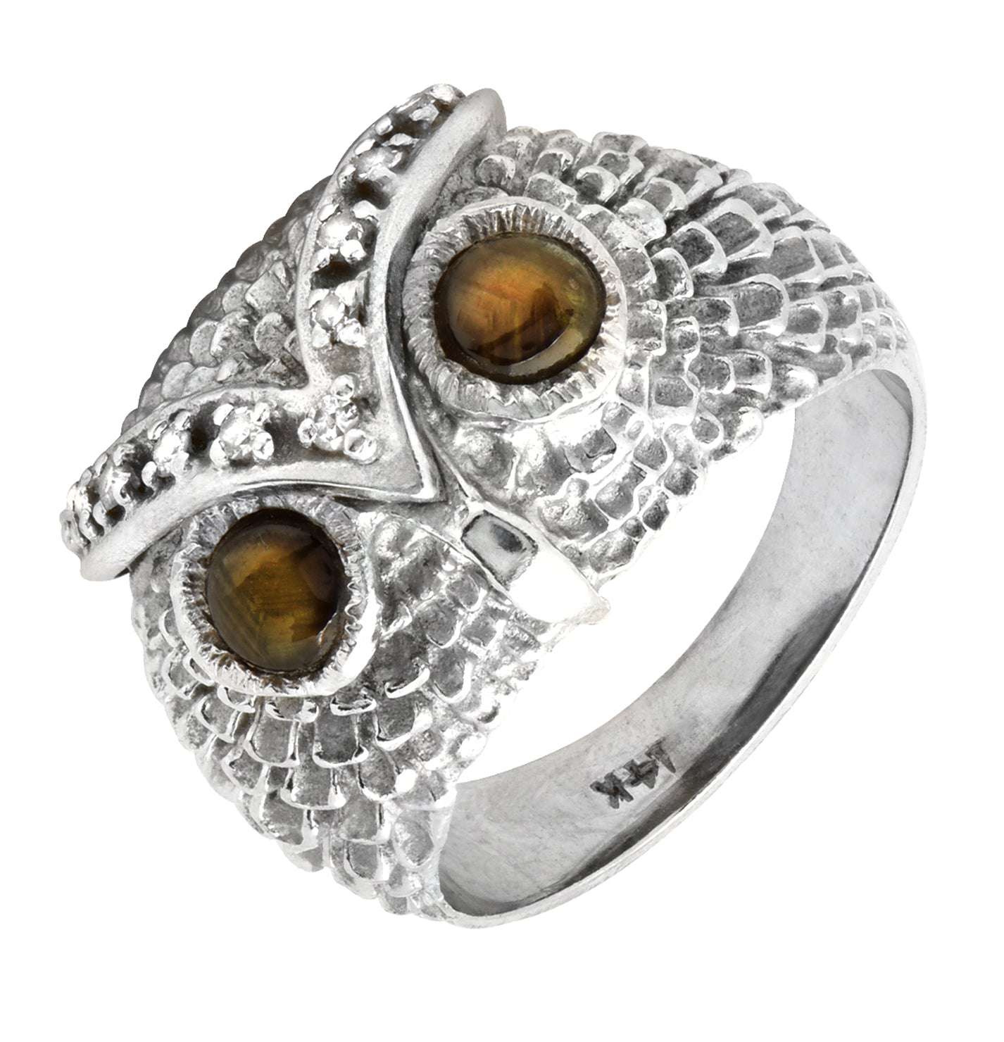 Elegant 14k White Gold Cat's Eye Owl Ring by Vivid Diamonds, showcasing intricate feather detailing and two mesmerizing cat's eye gemstones.
