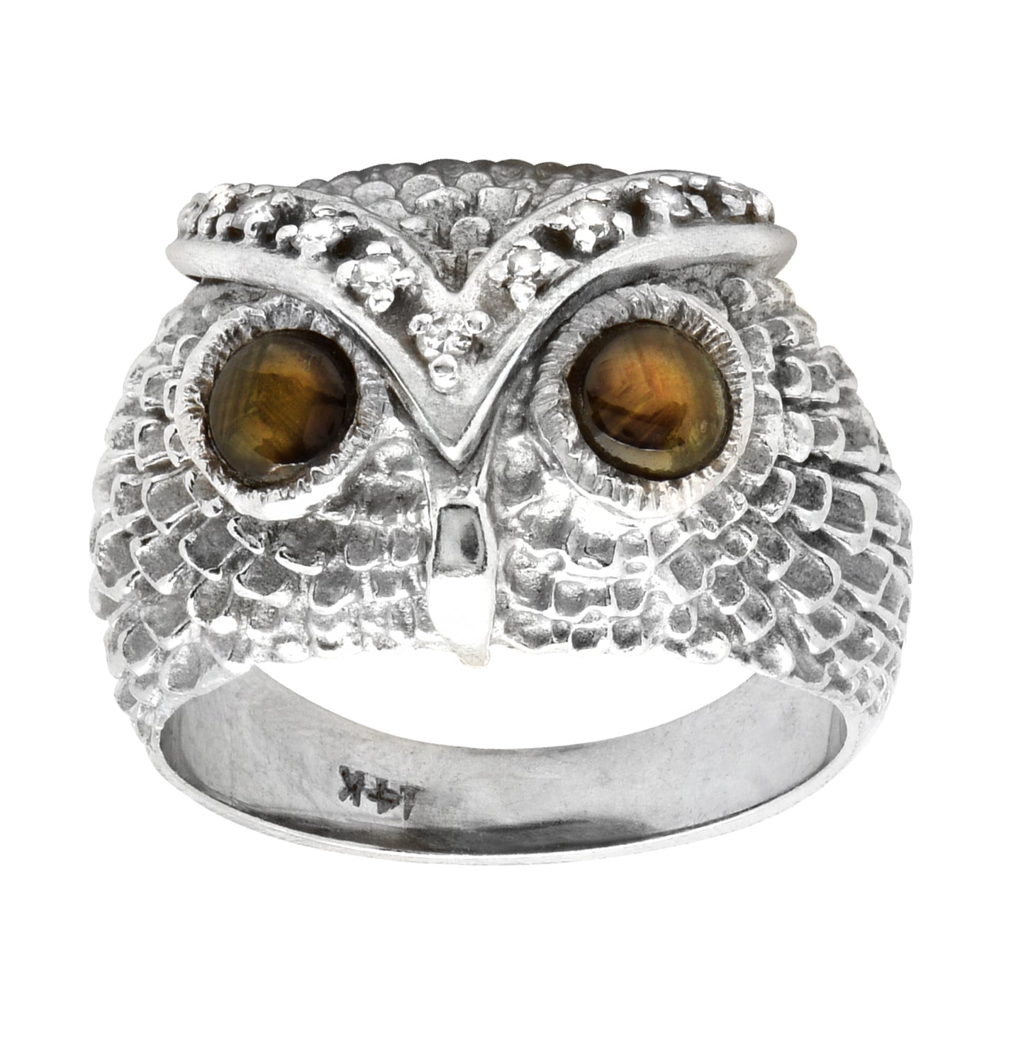 Exquisite 14k White Gold Cat's Eye Owl Ring from Vivid Diamonds, featuring a stunning owl motif with exquisite texture and enchanting round cat's eye stones.