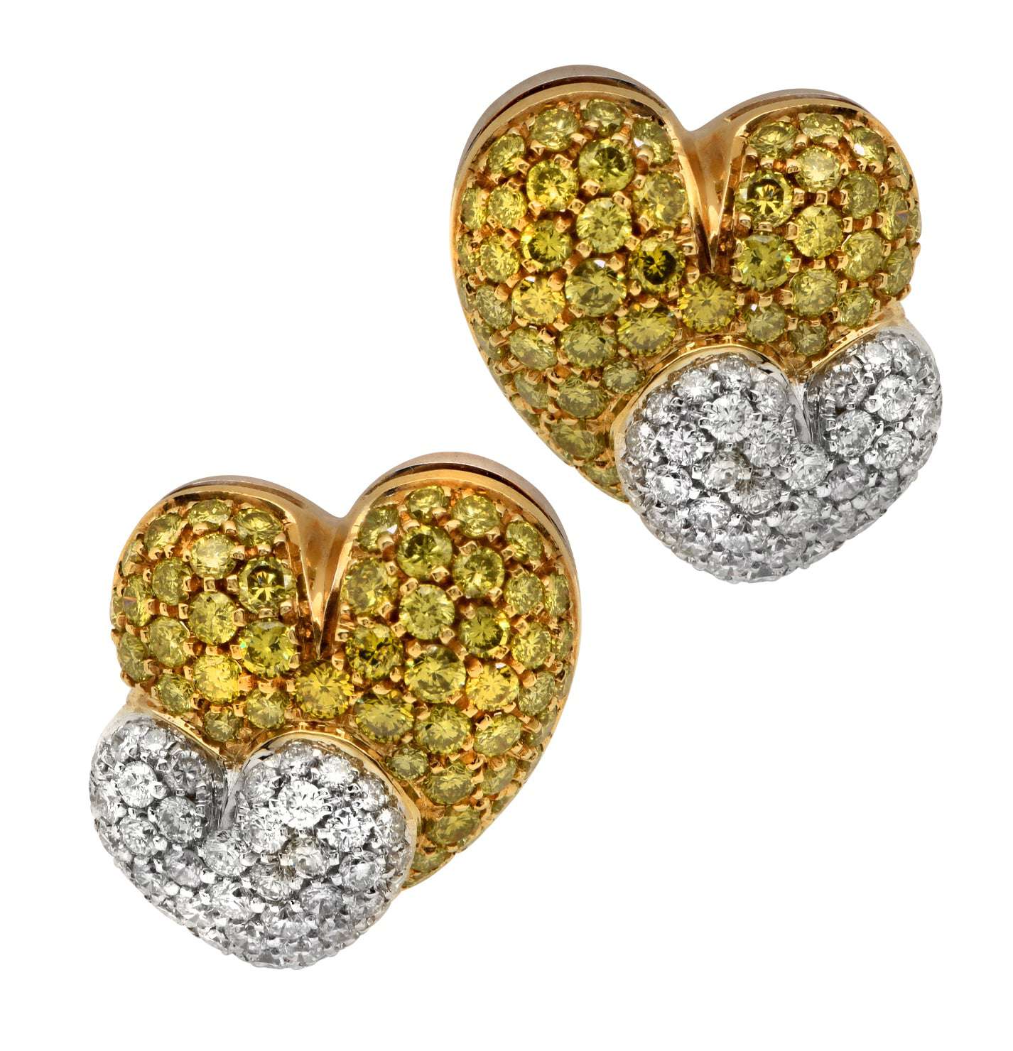 Salvetti 18K Two-Tone Gold Diamond Heart Earrings showcased in a close-up view, featuring brilliant round diamonds and a harmonious blend of yellow and white gold, available at Vivid Diamonds.