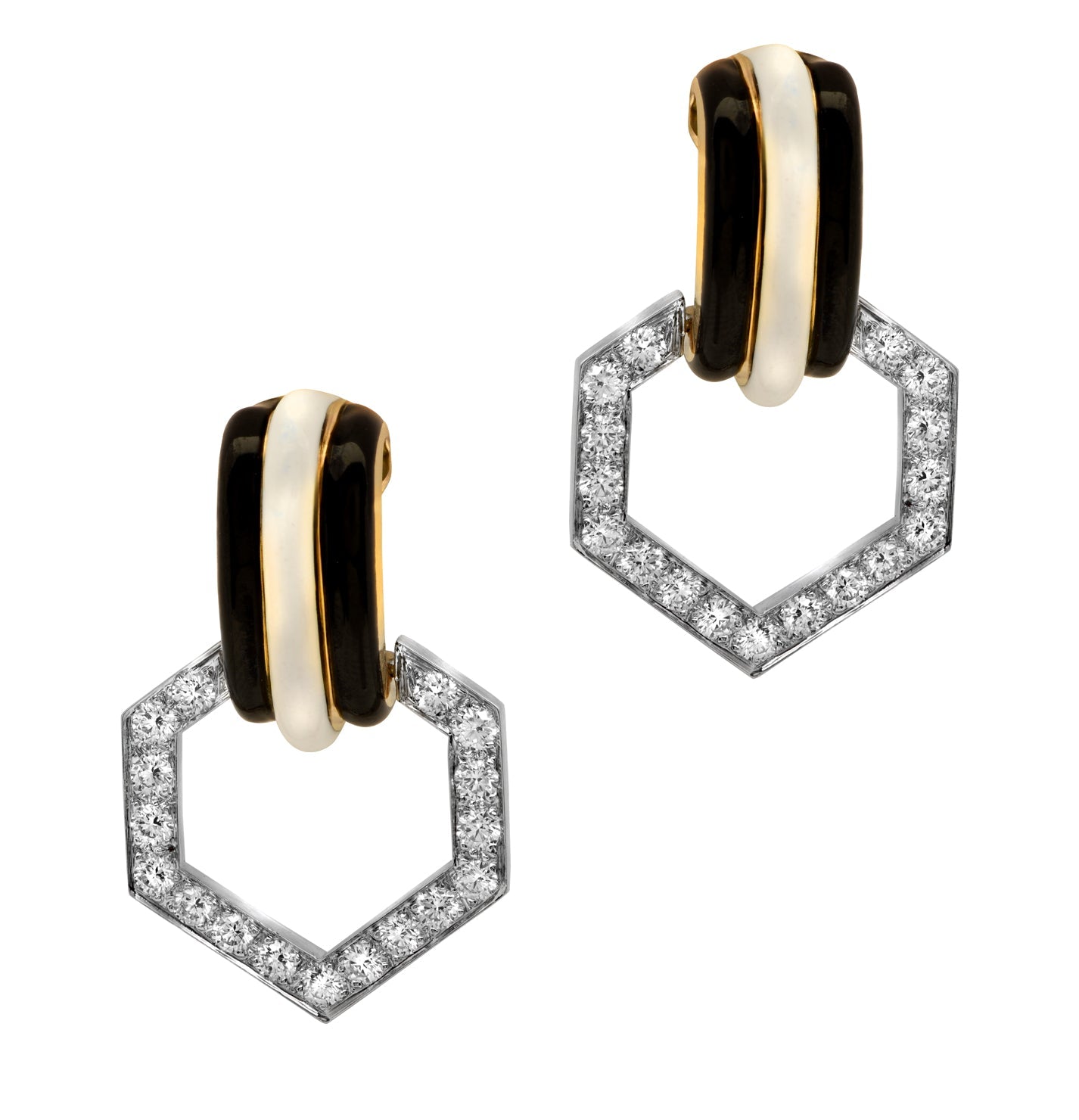 David Webb 2.79 Ct Diamond, Platinum & 18K Yellow Gold Enamel Earrings showcasing luxurious design with black and white enamel accents, crafted by Vivid Diamonds.