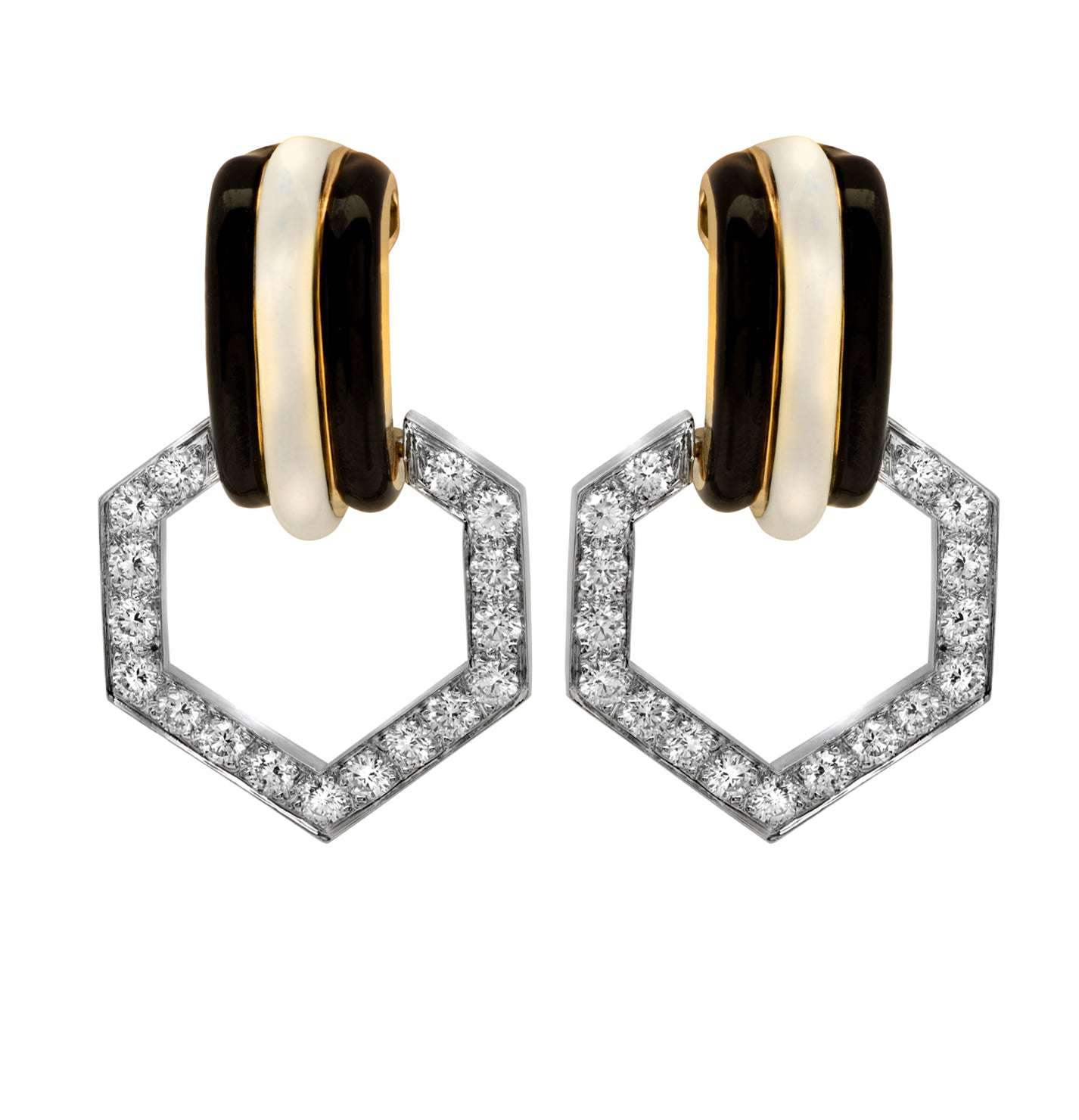 Close-up view of David Webb 2.79 Ct Diamond, Platinum & 18K Yellow Gold Enamel Earrings, featuring exquisite diamonds and enamel detailing, available exclusively at Vivid Diamonds.