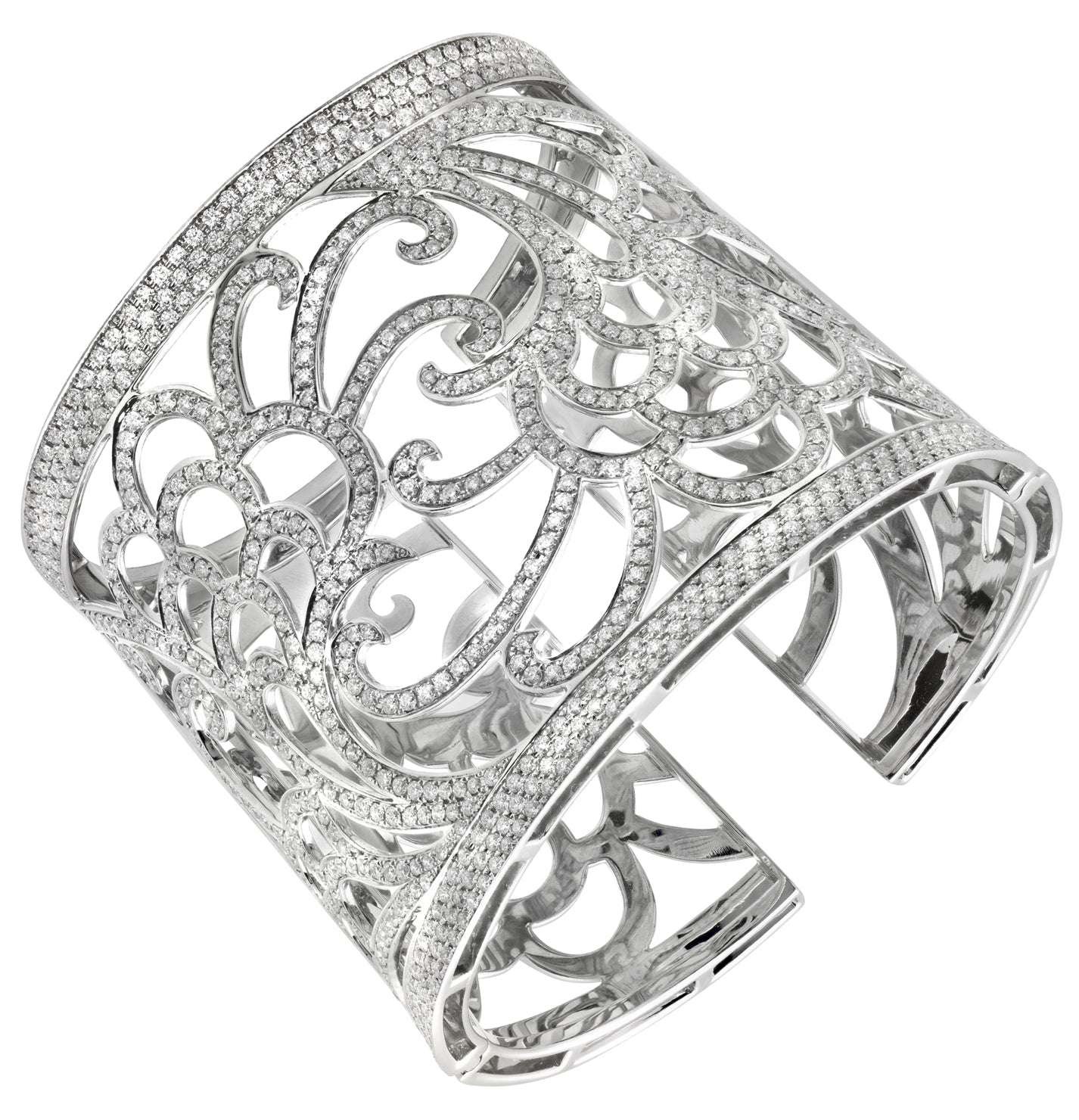 Exquisite Italian 18K White Gold Wide Open Work Cuff Bangle featuring 6 Carat Round Brilliant Cut Diamonds by Vivid Diamonds. This luxurious jewelry piece showcases intricate open-work design, highlighting the brilliant sparkle of diamonds with contemporary elegance.