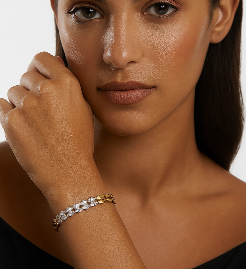 Elegant Two-Tone 2.40 Carat Diamond Bracelet in White & Yellow Gold showcased on a model's wrist, embodying luxury and sophistication by Vivid Diamonds.