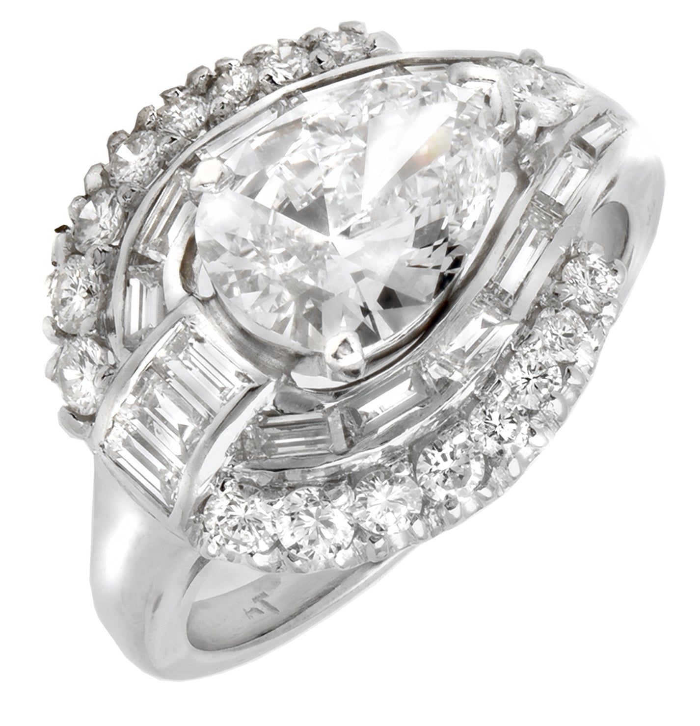 1.27ct Platinum Pear Cut Diamond Engagement Ring with VS1 Clarity and E Color, showcasing a stunning pear-shaped diamond surrounded by dazzling smaller diamonds in a luxurious design.