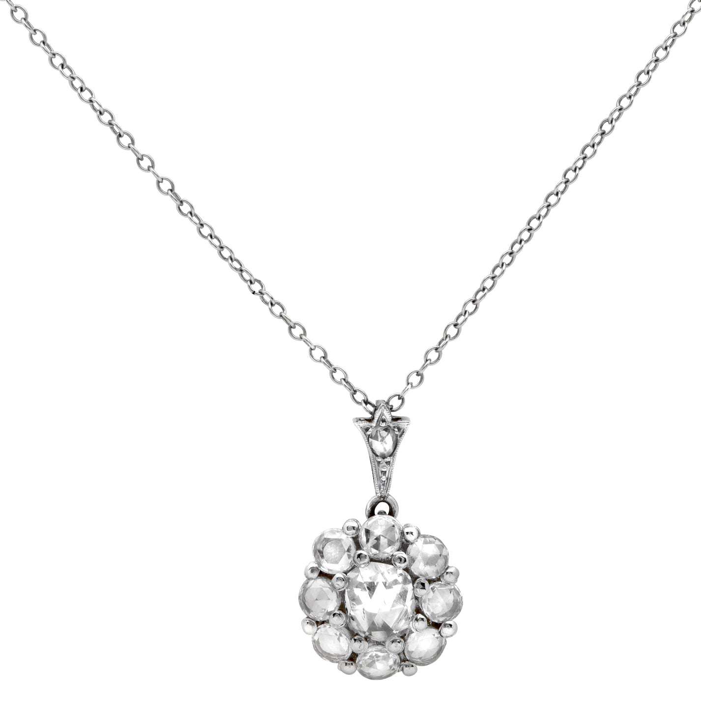 Exquisite 2.25ct Rose Cut Diamond Pendant in Platinum by Vivid Diamonds, featuring a stunning arrangement of rose-cut diamonds with a graceful platinum chain.