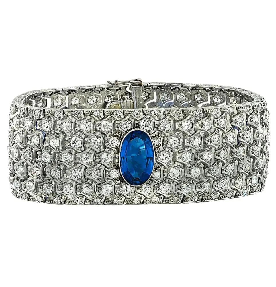 Circa 1920 French Art Deco Burma Sapphire & Old European Cut Diamond Bangle Bracelet - V37558 - Vivid Diamonds