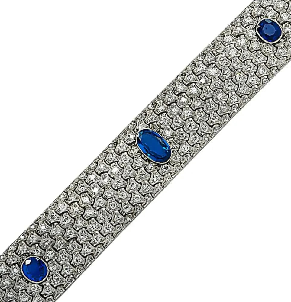 Circa 1920 French Art Deco Burma Sapphire & Old European Cut Diamond Bangle Bracelet - V37558 - Vivid Diamonds