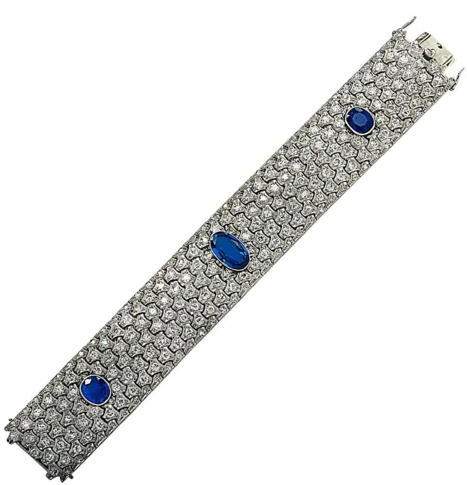 Circa 1920 French Art Deco Burma Sapphire & Old European Cut Diamond Bangle Bracelet - V37558 - Vivid Diamonds