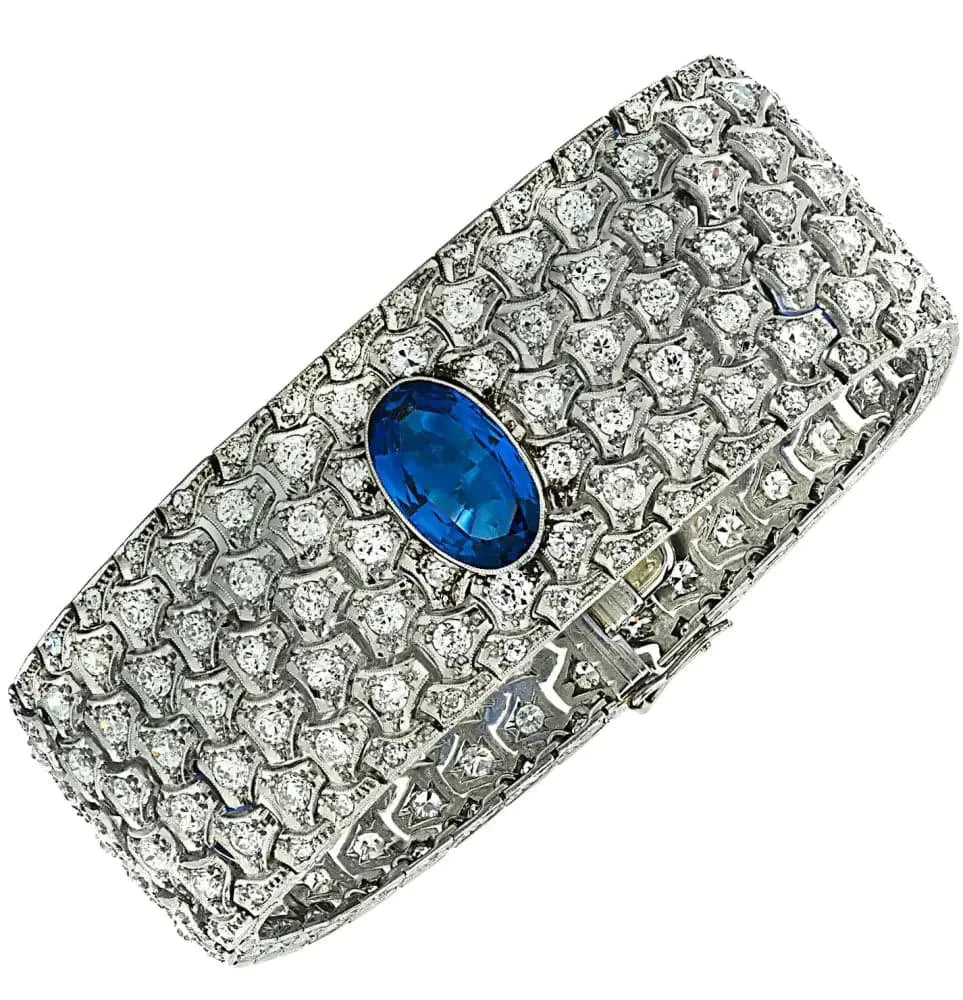 Circa 1920 French Art Deco Burma Sapphire & Old European Cut Diamond Bangle Bracelet - V37558 - Vivid Diamonds