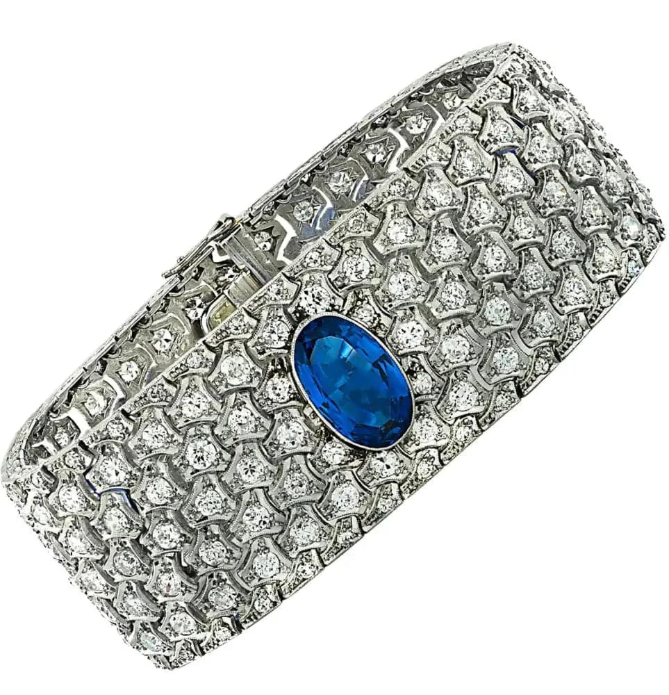 Circa 1920 French Art Deco Burma Sapphire & Old European Cut Diamond Bangle Bracelet - V37558 - Vivid Diamonds