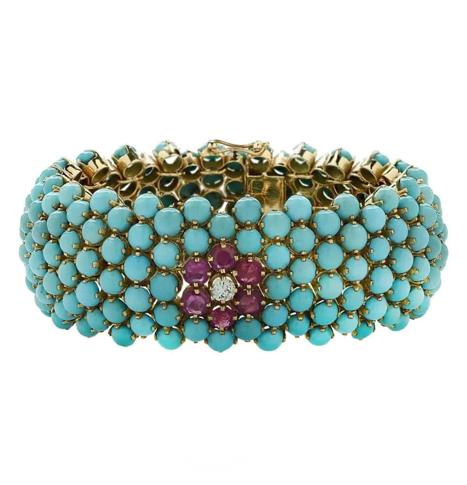 Circa 1960s Persian Turquoise, Sappire, Ruby, Emerald, & Diamond Bracelet - V43670 - Vivid Diamonds