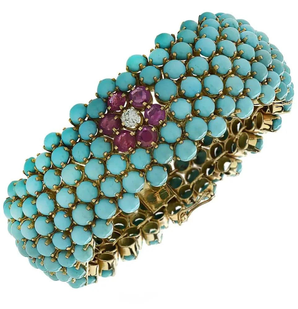 Circa 1960s Persian Turquoise, Sappire, Ruby, Emerald, & Diamond Bracelet - V43670 - Vivid Diamonds