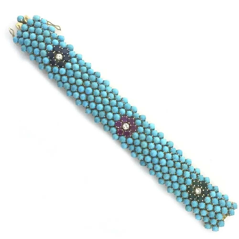 Circa 1960s Persian Turquoise, Sappire, Ruby, Emerald, & Diamond Bracelet - V43670 - Vivid Diamonds